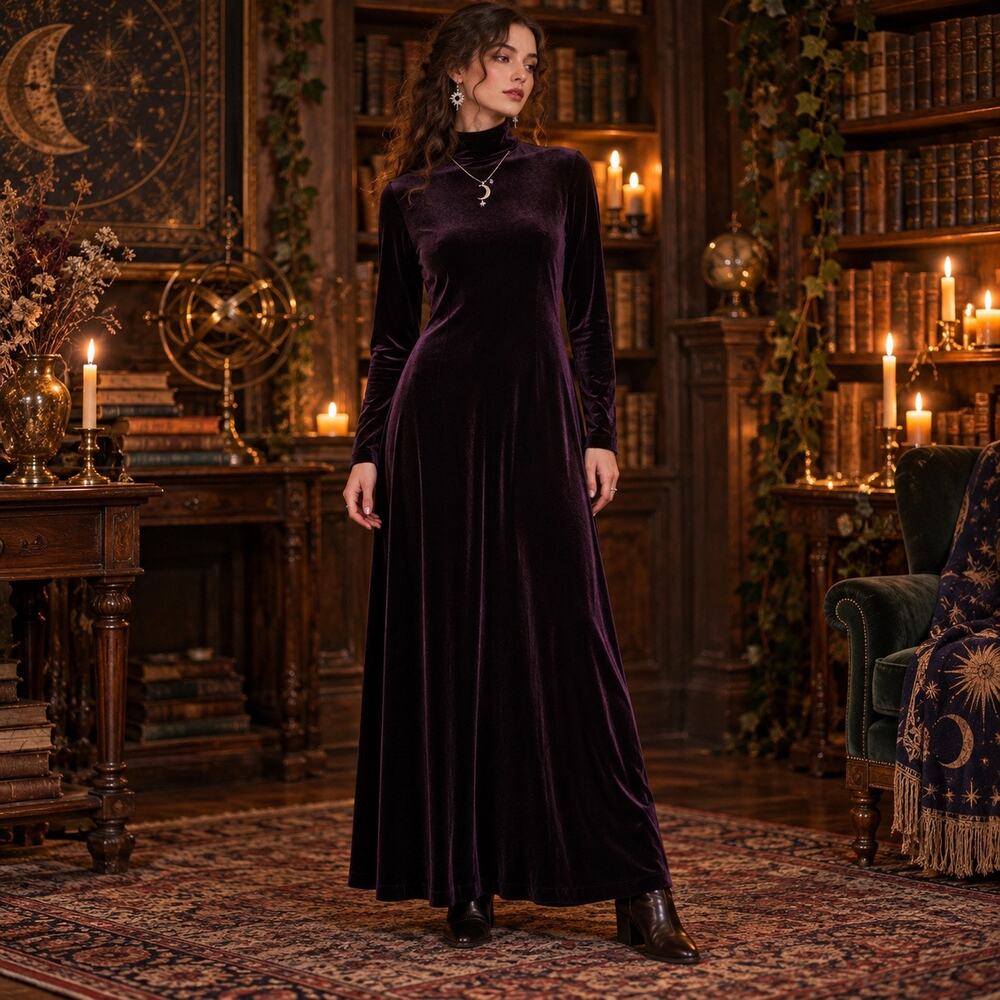 Vtg Express Tricot Purple Velvet Goth Maxi Dress Sz 3/4 90s Whimsigoth Romantic